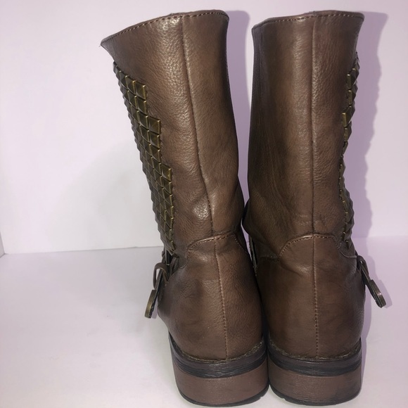 Brown and Gold Studded Moto Combat Boots - Picture 7 of 8